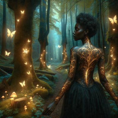 The primary subject of the image is a woman with a tattooed back, standing in a forest filled with trees. The setting is a lush, green forest with a pathway. The visual style is a digital art or illustration, creating a surreal and magical atmosphere. The colors are predominantly green, with the woman's tattoos adding a vibrant touch to the scene. The overall mood is one of enchantment and wonder.